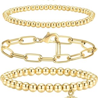 Gold Bracelets for Women, Stackable Initial Beaded Bracelet with Letter Pendant Stretch Trendy Stack Jewelry Set for Mother's Day Valentines Birthday Gifts for Her